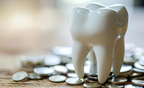 Shiny model tooth on a pile of coins on a wooden surface